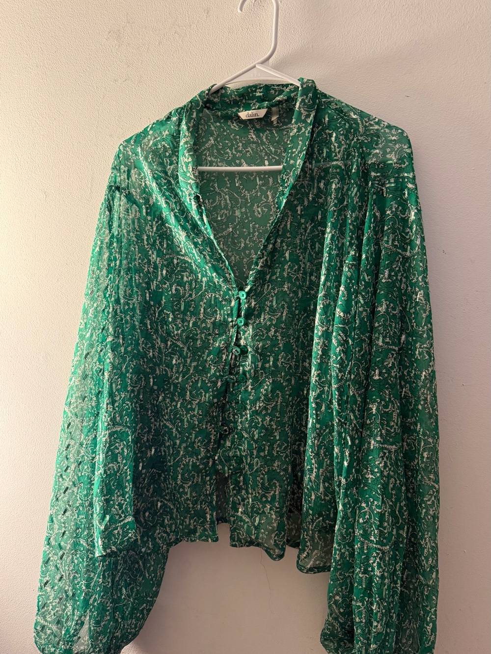 Green Sheer Printed Button-Front Blouse